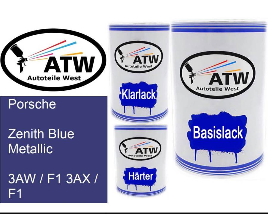 Porsche, Zenith Blue Metallic, 3AW / F1 3AX / F1: 500ml Lackdose + 500ml Klarlack + 250ml Härter - Set, von ATW Autoteile West.